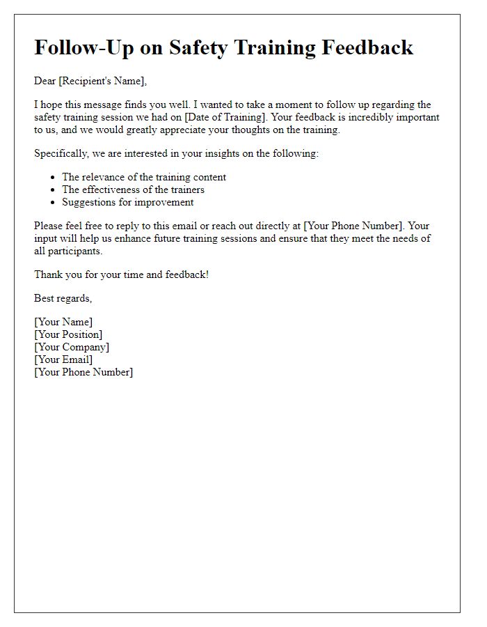 Letter template of follow-up for safety training feedback