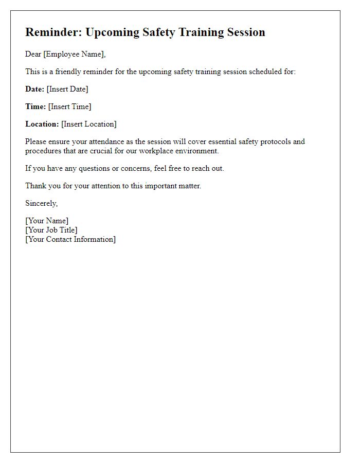 Letter template of reminder for safety training session