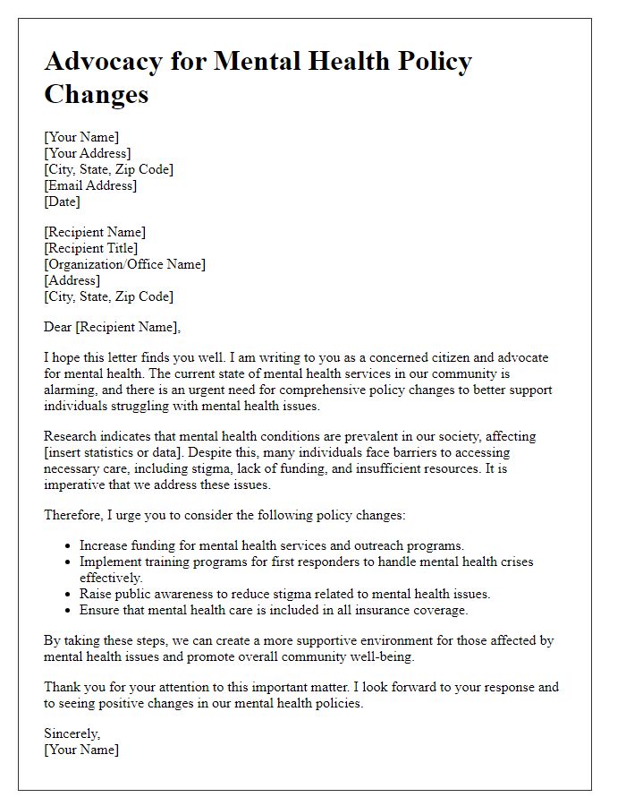 Letter template of advocacy for mental health policy changes.