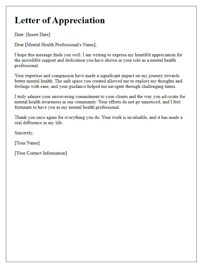 Letter template of appreciation for mental health professionals.