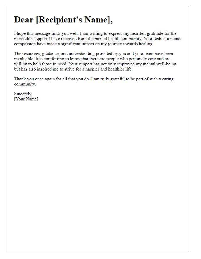 Letter template of gratitude for mental health community support.