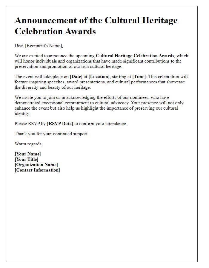 Letter template of announcement for cultural heritage celebration awards