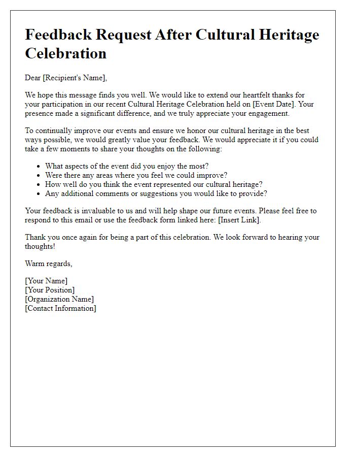 Letter template of feedback request after cultural heritage celebration