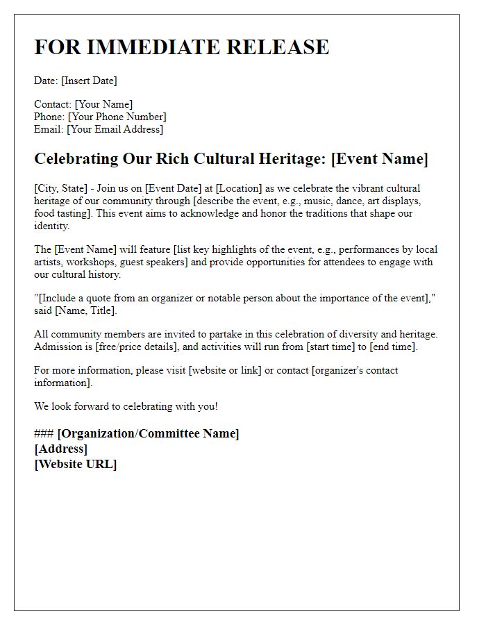 Letter template of press release for cultural heritage celebration