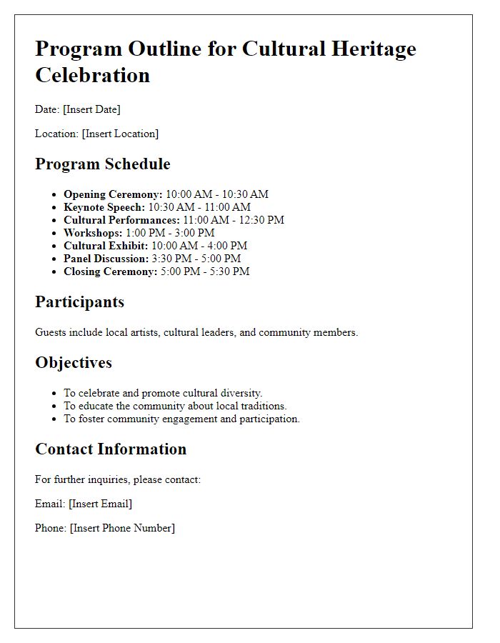 Letter template of program outline for cultural heritage celebration