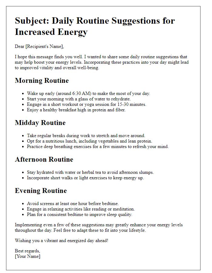 Letter template of daily routine suggestions for increased energy