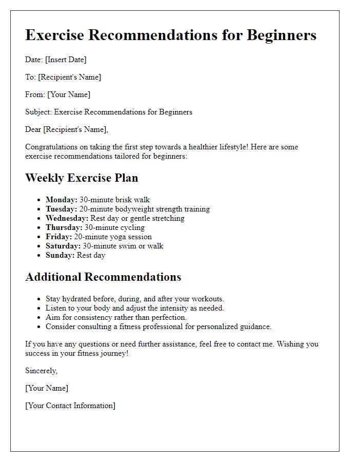 Letter template of exercise recommendations for beginners