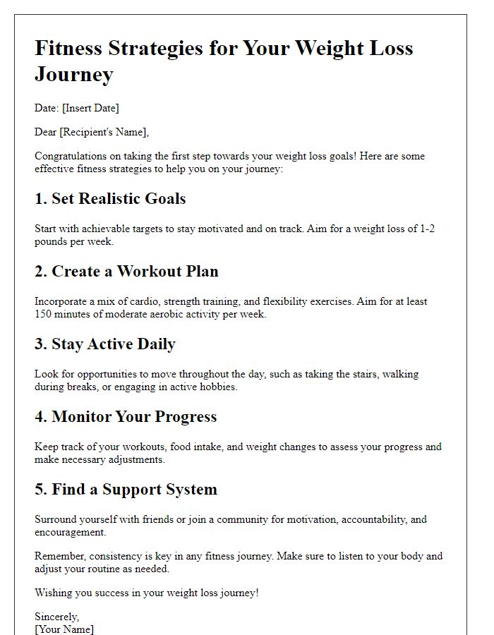 Letter template of fitness strategies for weight loss