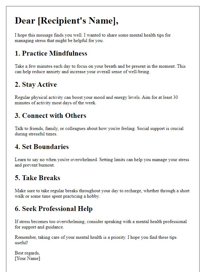 Letter template of mental health tips for stress management