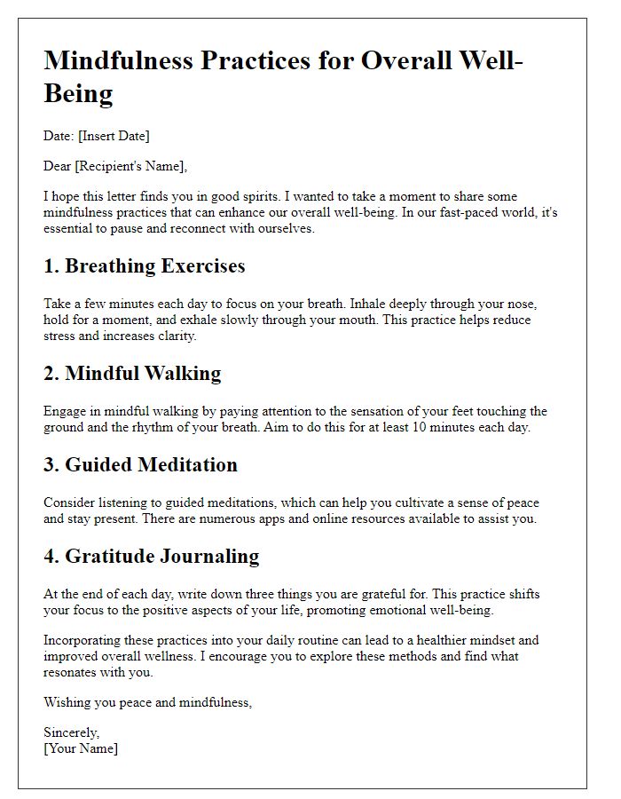 Letter template of mindfulness practices for overall well-being