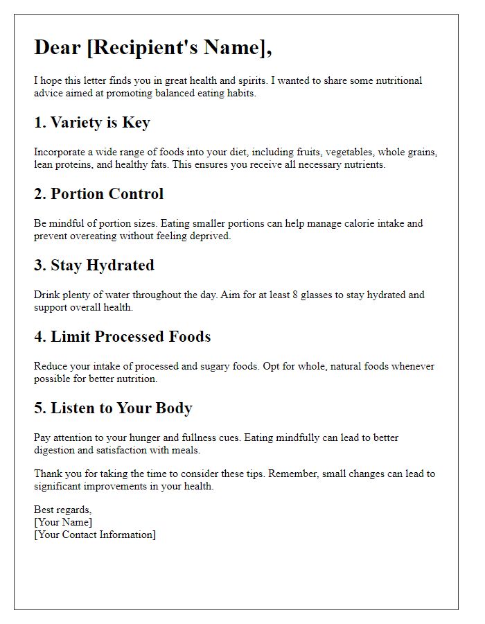 Letter template of nutritional advice for balanced eating