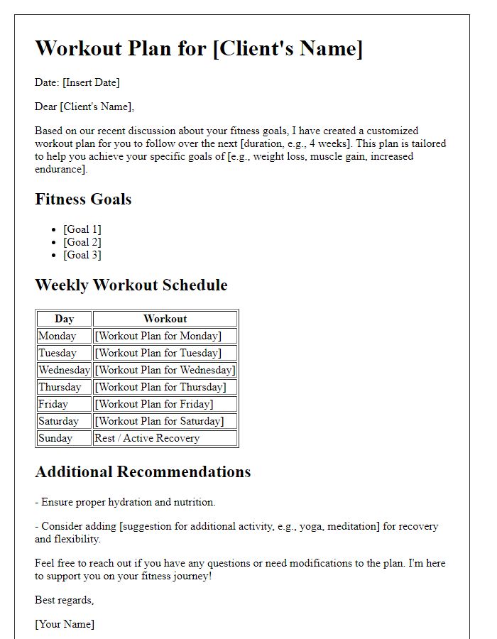 Letter template of workout plans for specific fitness goals