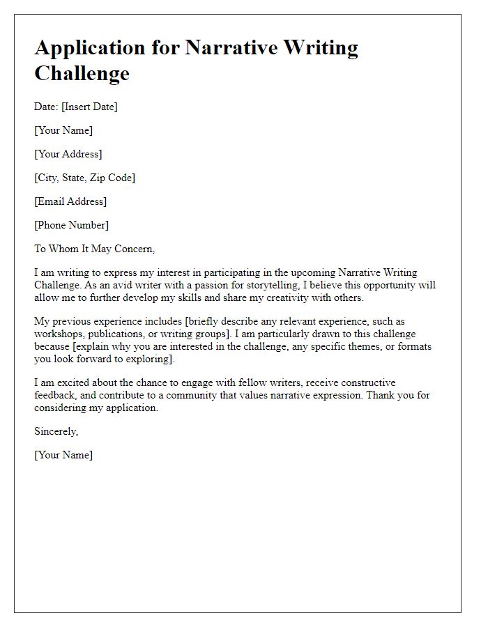 Letter template of application for a narrative writing challenge