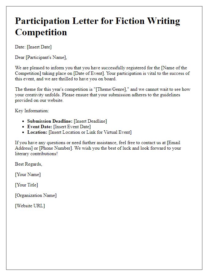 Letter template of participation for a fiction writing competition