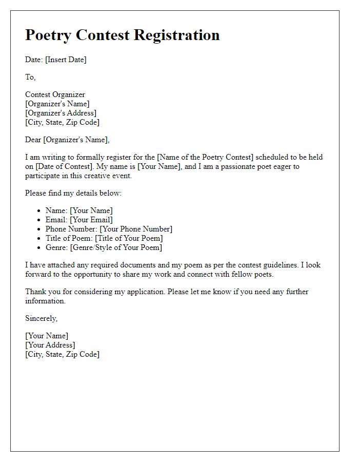 Letter template of registration for a poetry contest