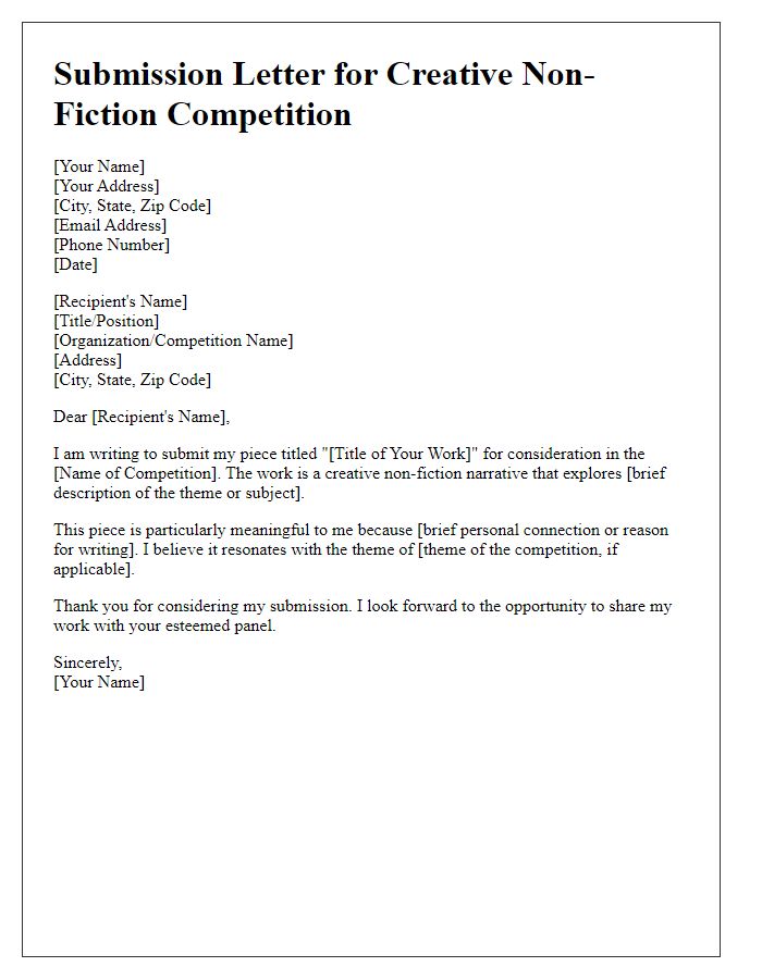 Letter template of submission for a creative non-fiction competition