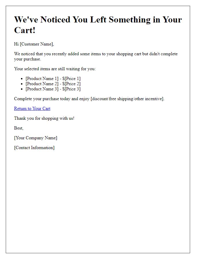 Letter template of online shopping cart abandonment reminder