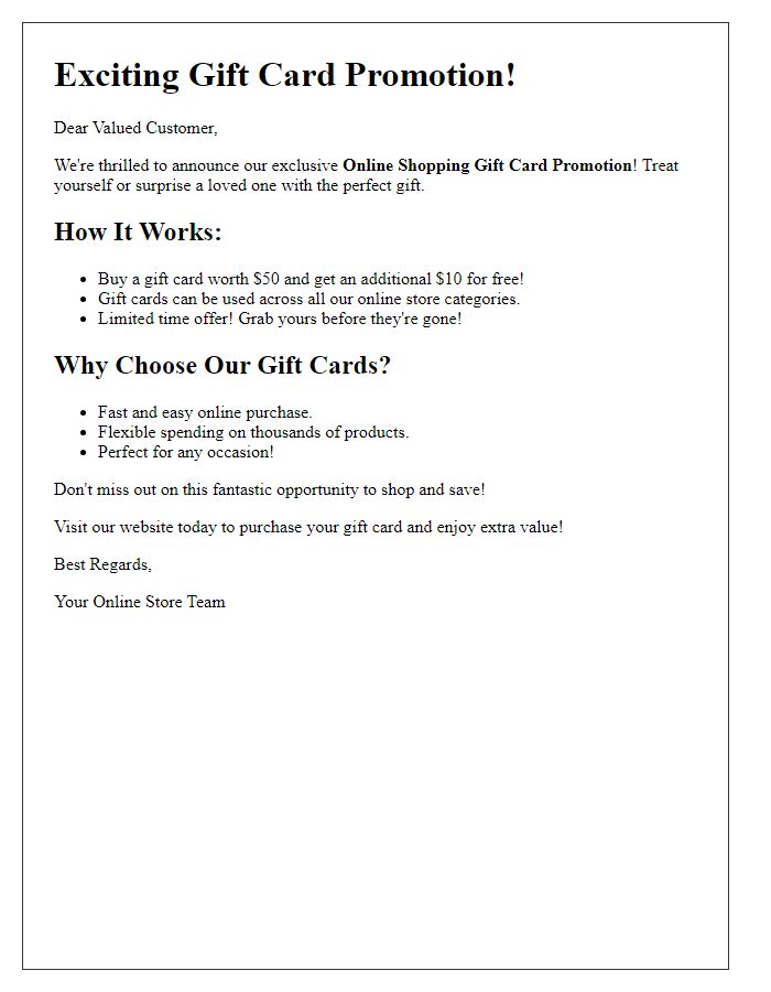 Letter template of online shopping gift card promotion