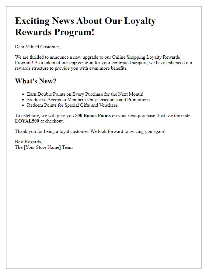 Letter template of online shopping loyalty rewards announcement