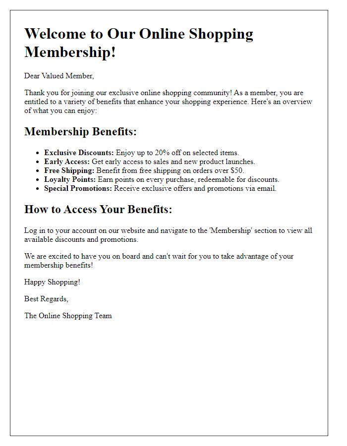 Letter template of online shopping membership benefits overview