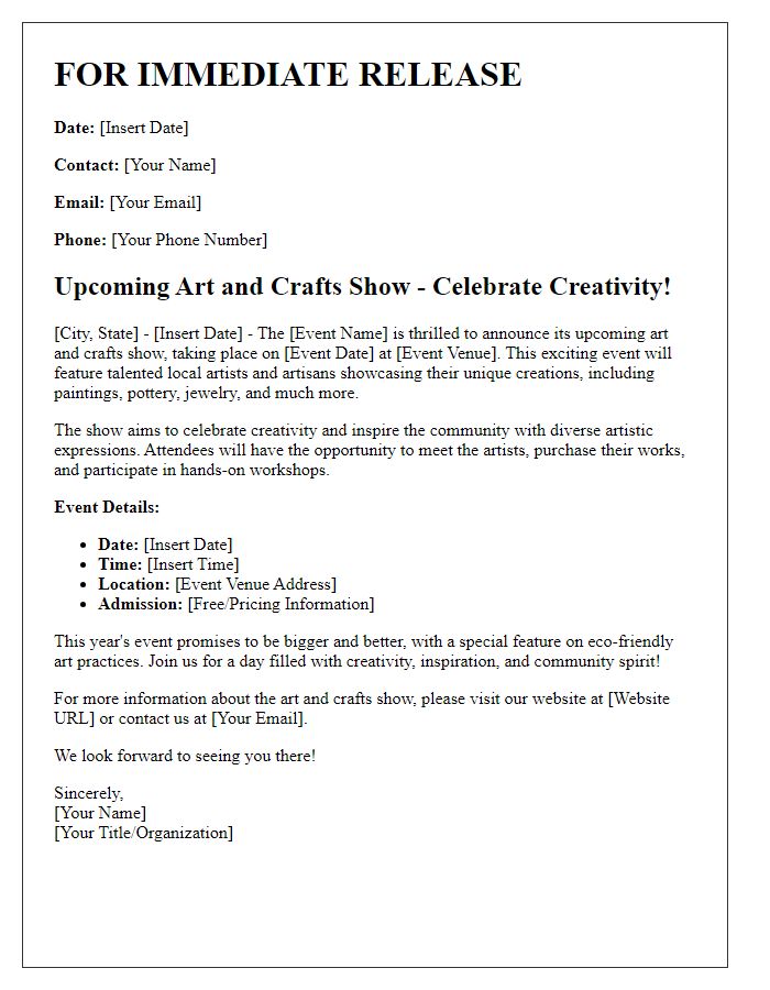 Letter template of press release for an upcoming art and crafts show