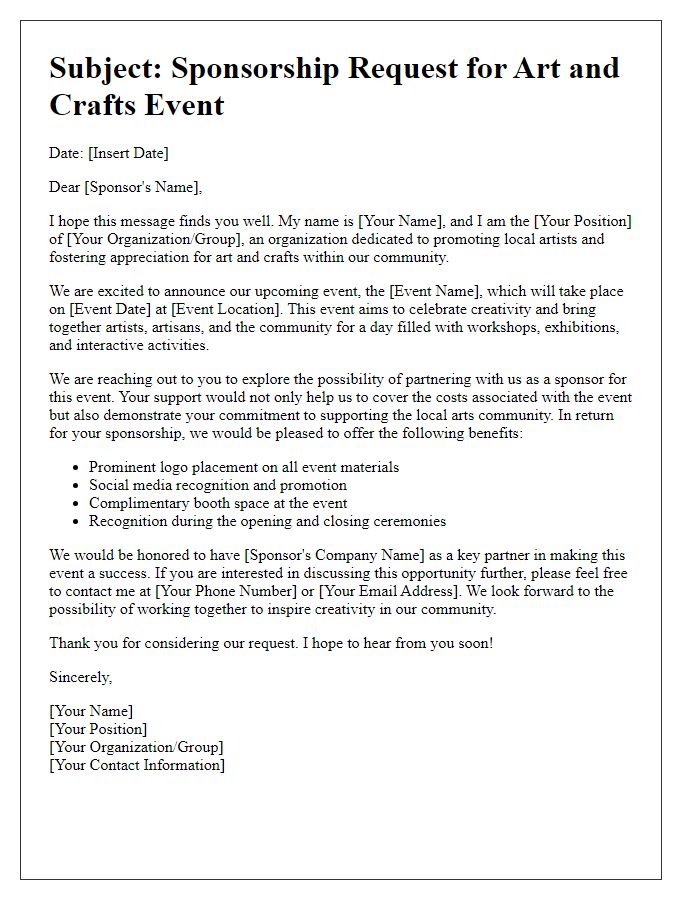 Letter template of sponsorship request for an art and crafts event