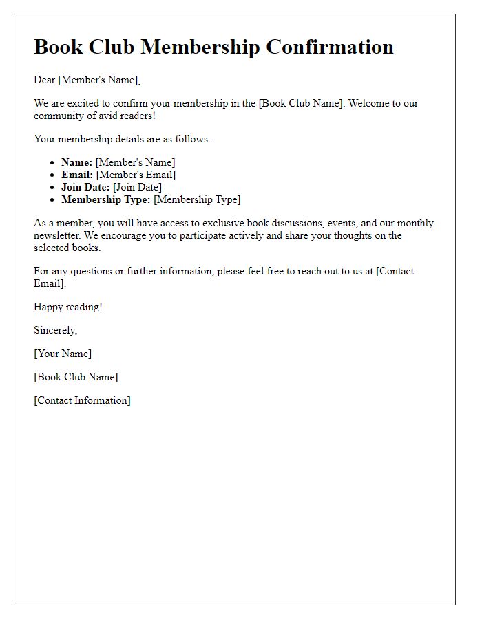 Letter template of confirmation for book club membership