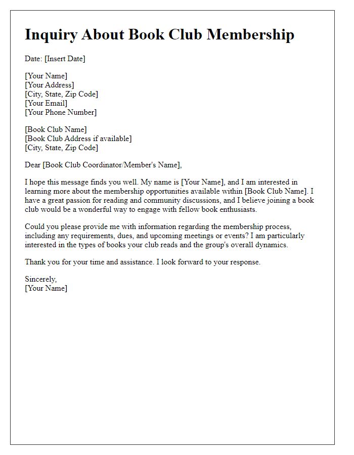 Letter template of inquiry about book club membership