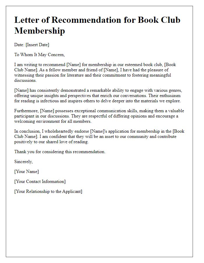 Letter template of recommendation for book club membership