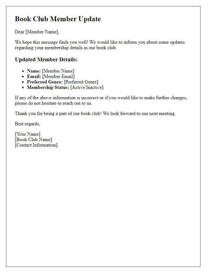 Letter template of update for book club member details