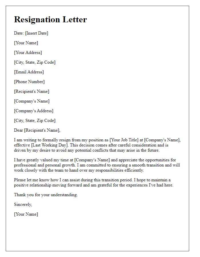 Letter template of resignation from an executive role addressing potential conflicts.