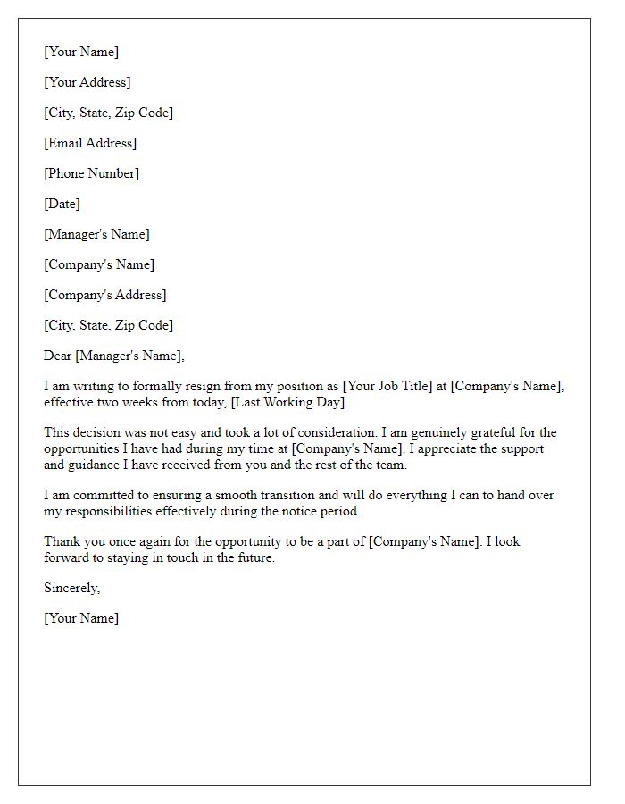 Letter template of resignation from an executive role with a two-week notice period.