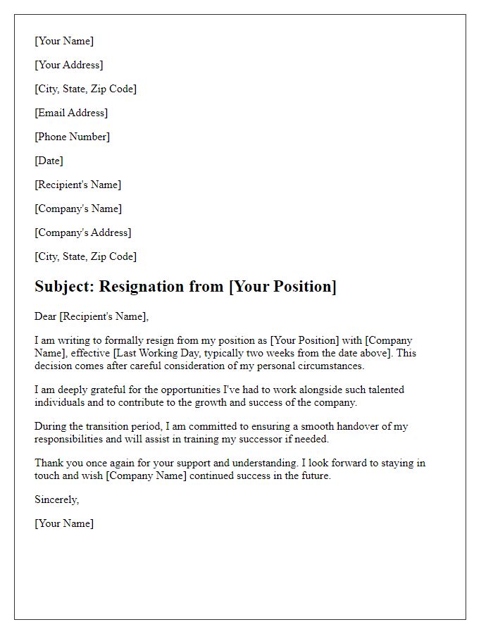 Letter template of resignation from a senior leadership position due to personal reasons.