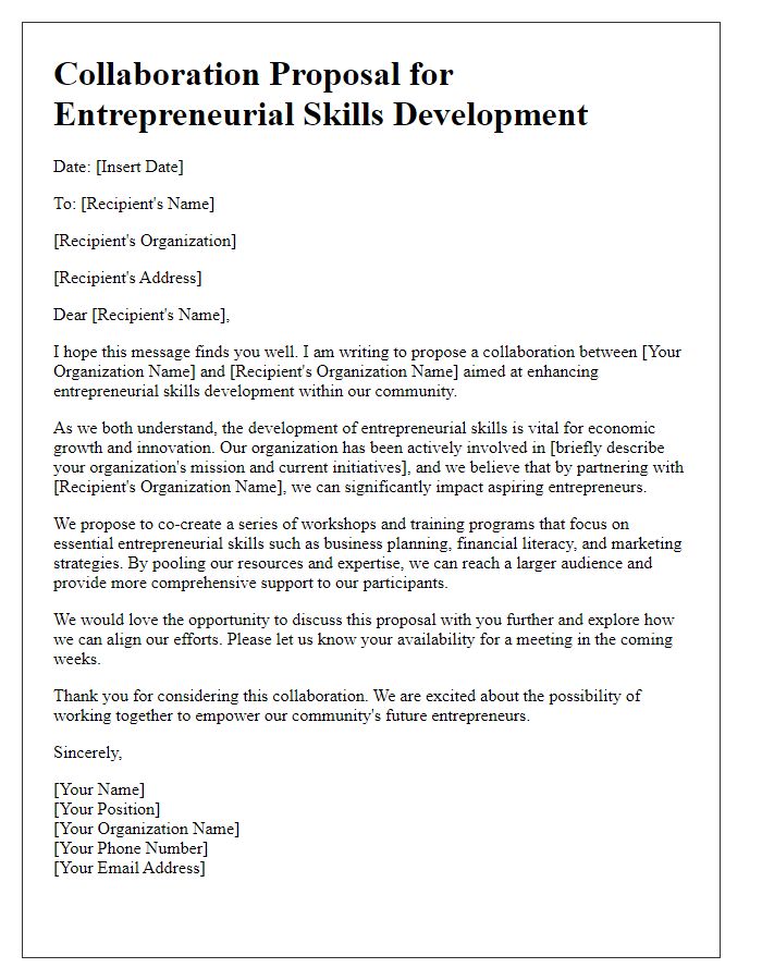 Letter template of collaboration proposal for entrepreneurial skills development.