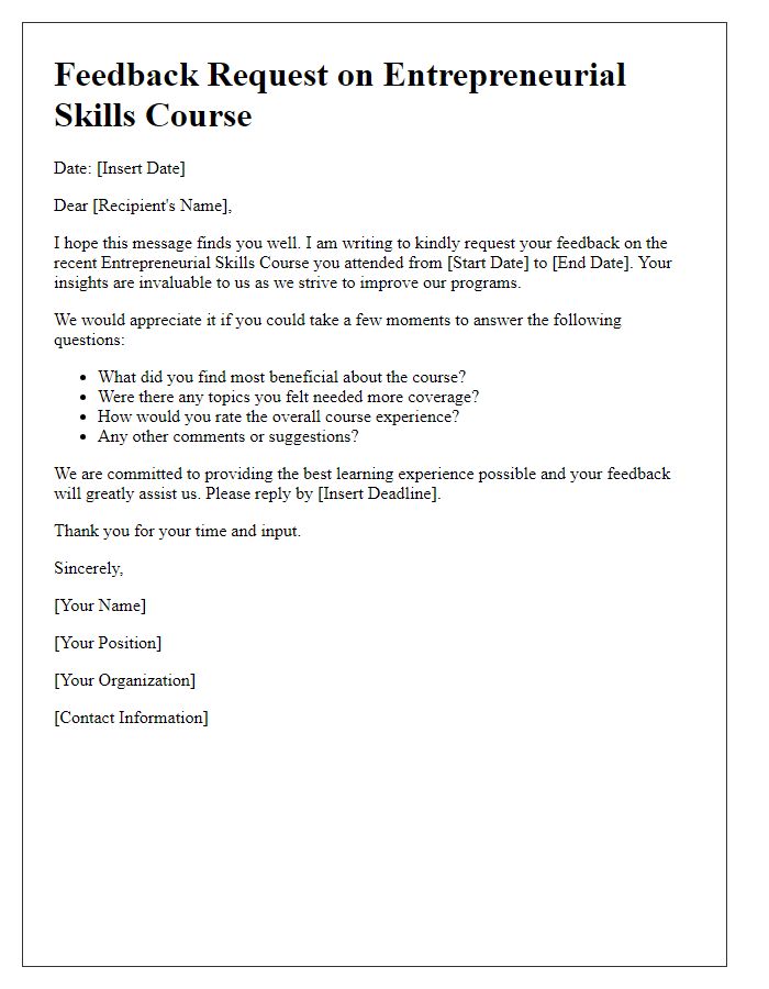 Letter template of feedback request on entrepreneurial skills course.