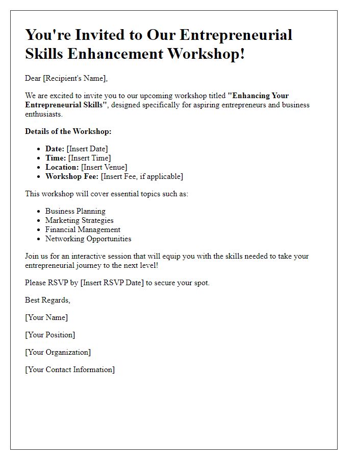 Letter template of invitation to workshop on entrepreneurial skills enhancement.