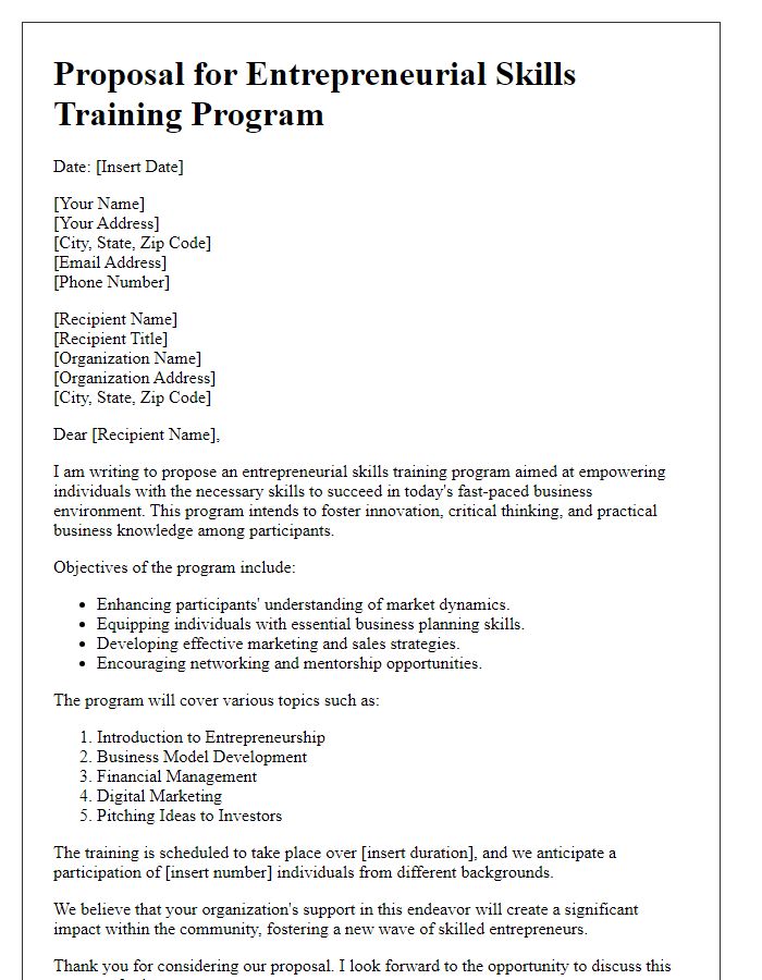 Letter template of proposal for entrepreneurial skills training program.