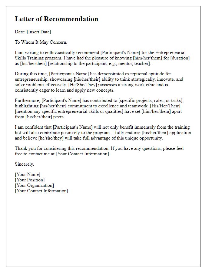 Letter template of recommendation for entrepreneurial skills training participants.