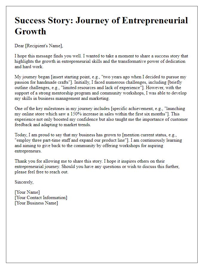 Letter template of success story sharing in entrepreneurial skills growth.