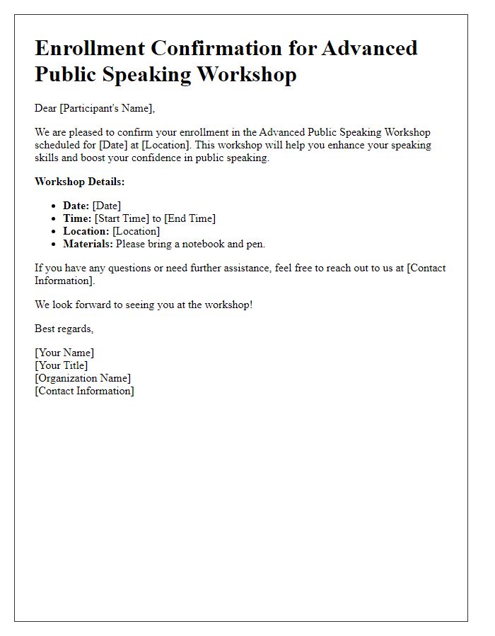 Letter template of enrollment confirmation for advanced public speaking workshop