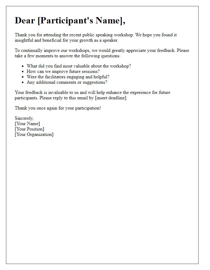 Letter template of feedback request after public speaking workshop