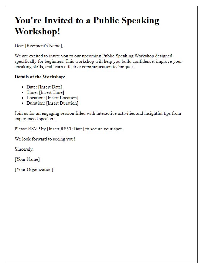 Letter template of invitation to public speaking workshop for beginners