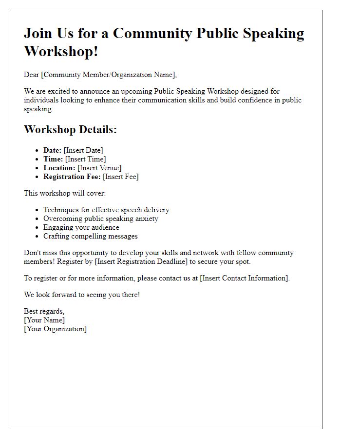 Letter template of promotional campaign for community public speaking workshop