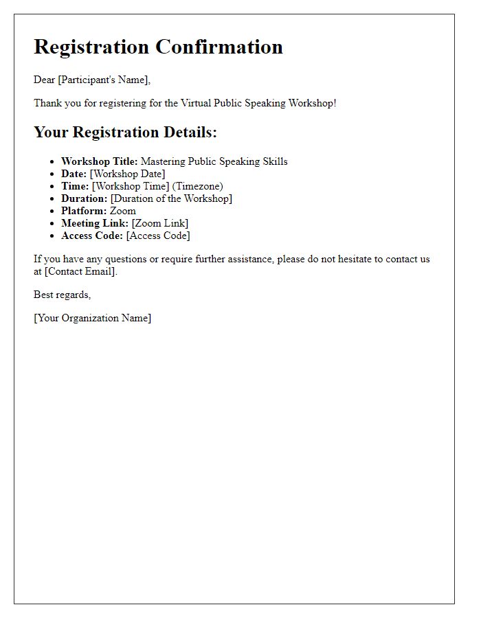 Letter template of registration details for virtual public speaking workshop