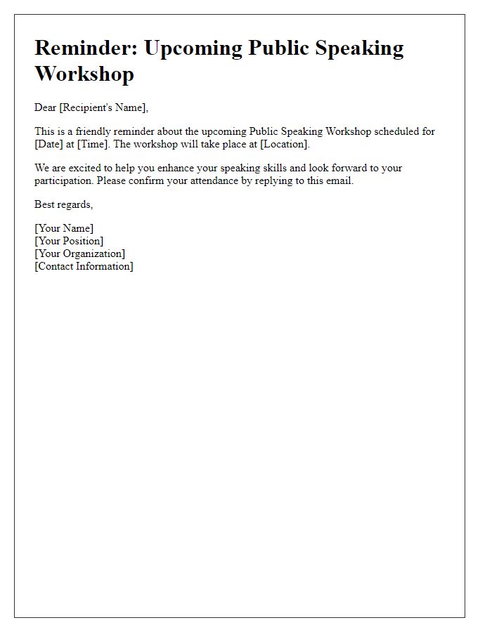 Letter template of reminder for upcoming public speaking workshop