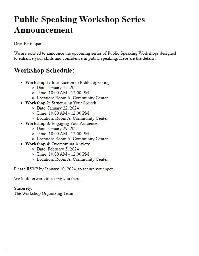 Letter template of schedule announcement for public speaking workshop series