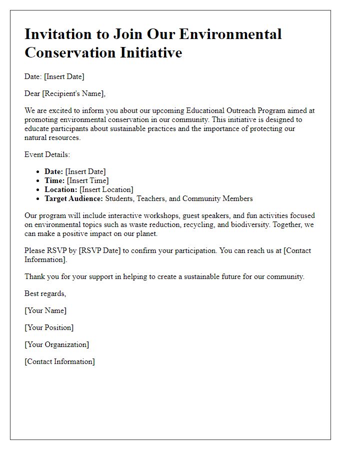 Letter template of an educational outreach program for environmental conservation initiative