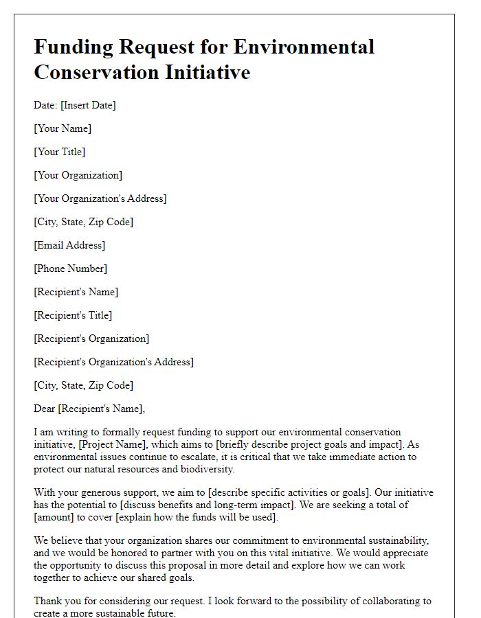 Letter template of a funding request for environmental conservation initiative