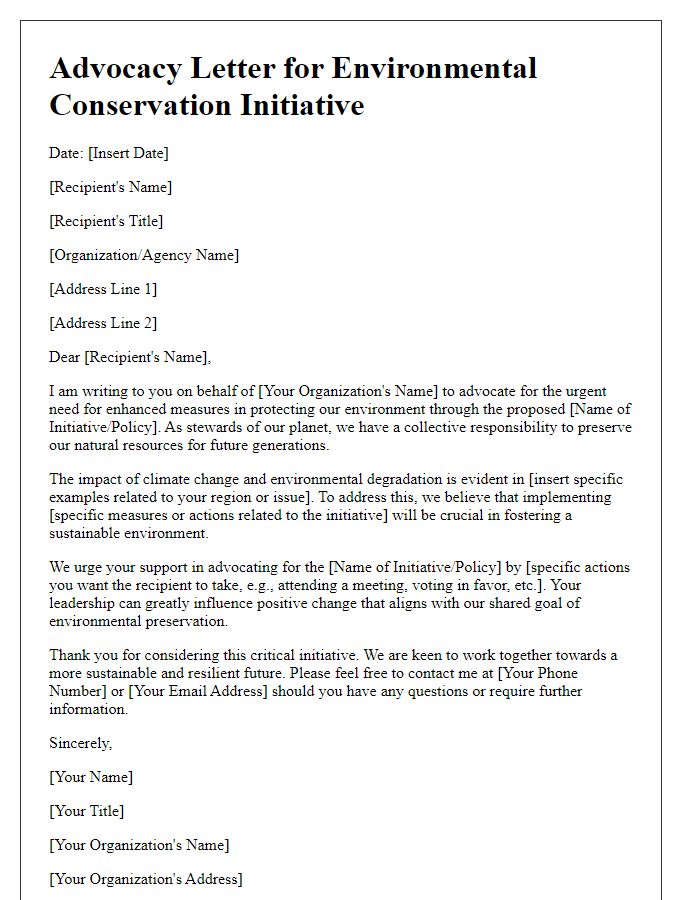 Letter template of a policy advocacy effort for environmental conservation initiative