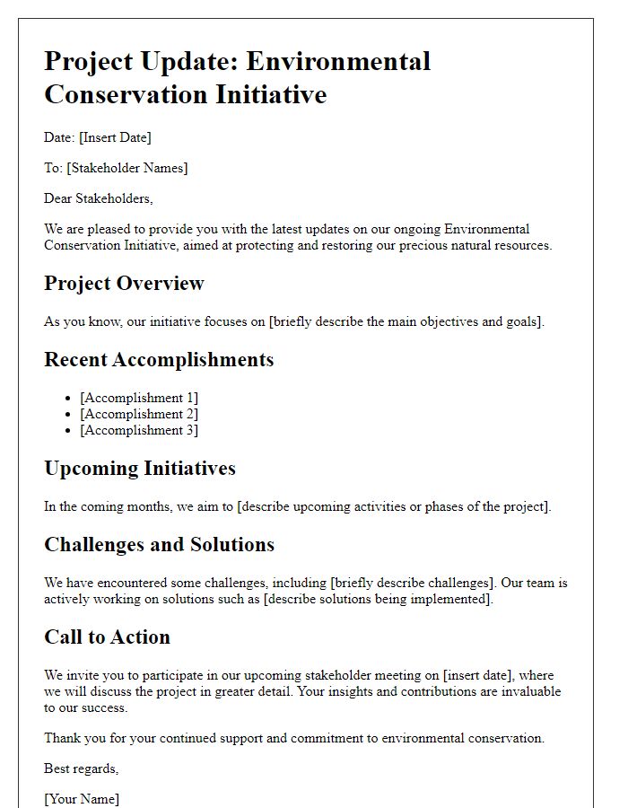 Letter template of a project update for stakeholders in environmental conservation initiative